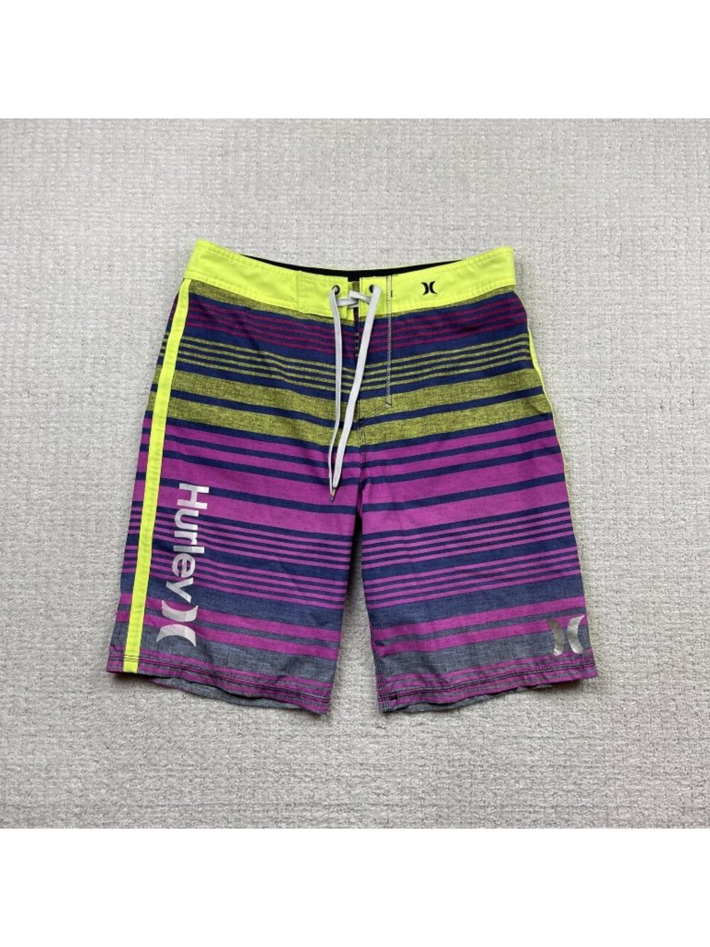 Y2K Hurley Phantom Board Shorts Mens 31 Neon Green / Pink Striped Swim Trunks